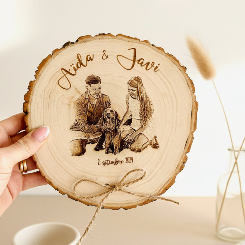 Porta Anillos Personalizado en Rodaja de Madera